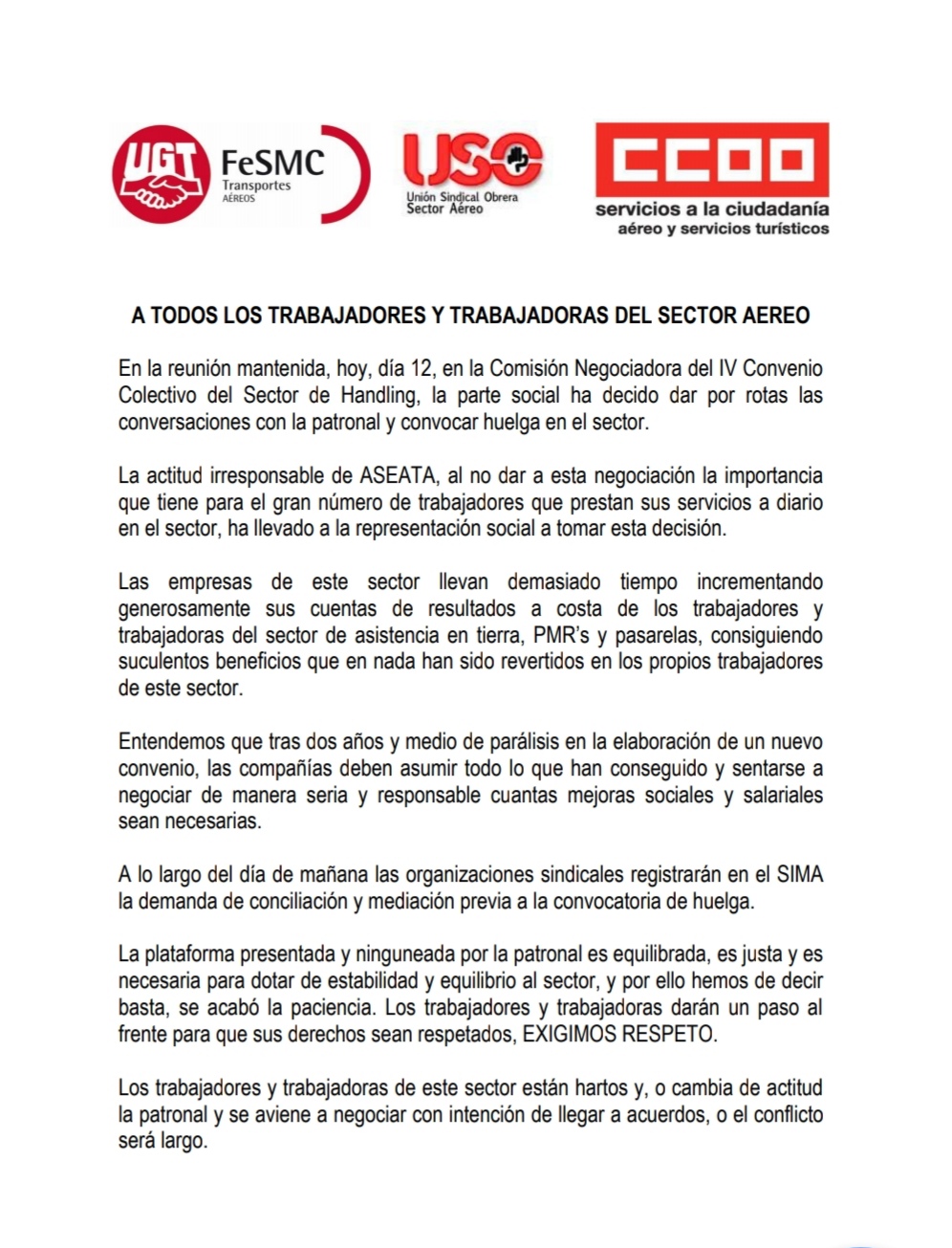 Comunicado Conjunto Huelga Sector Aéreo